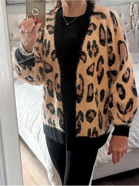 MINKPINK Leopard-Print Teddy Cardigan in Soft Peach and Black